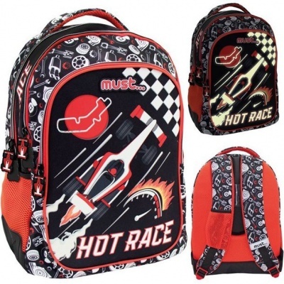 Mochila escolar preta e vermelha com decoração de corrida automóvel e textos HOT RACE