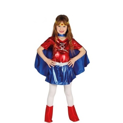 Fantasia infantil vermelho e azul com capa e polainas