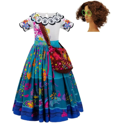 Vestido colorido com bolsa e manequim com peruca e óculos verdes