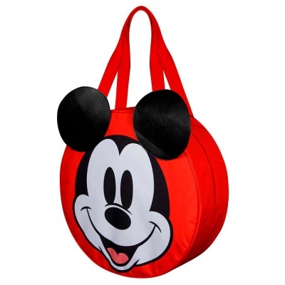 Mala redonda vermelha com estampa do Mickey Mouse e orelhas pretas em relevo