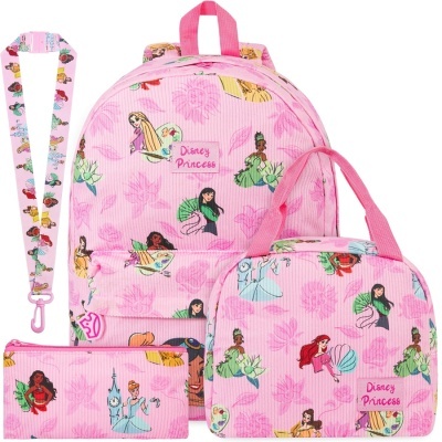 Conjunto rosa princesa Disney com mochila, bolsa, estojo e fita