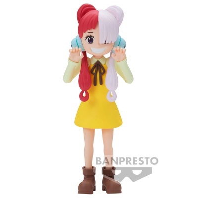 Figura de personagem com cabelo vermelho e branco, vestido amarelo e auscultadores azuis
