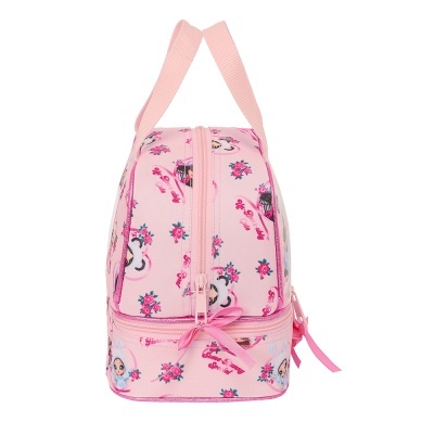 Bolsa rosa infantil com padrão floral e personagens e fecho cor-de-rosa