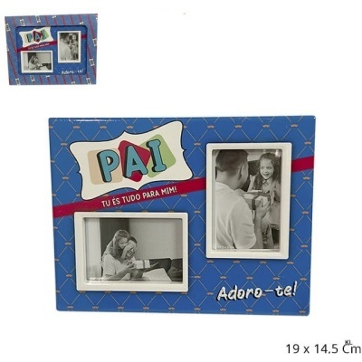 Moldura de fotografias azul com texto e duas fotos