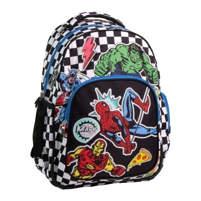 Mochila com personagens Marvel em padrão quadriculado preta e branca.