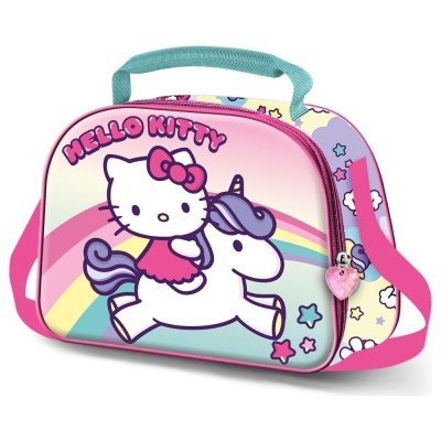 Mala infantil Hello Kitty com personagem montada num unicórnio e arco-íris