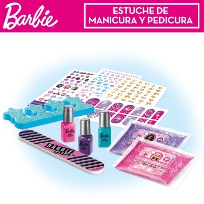Conjunto de manicure e pedicure da Barbie com vernizes, autocolantes, esponja e lima.