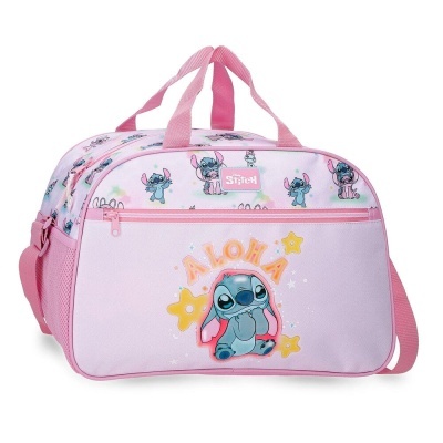 Mala de viagem rosa com padrão de Stitch e texto ALOHA