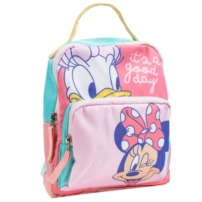Mochila infantil rosa, azul e verde água com desenhos da Margarida e Minnie