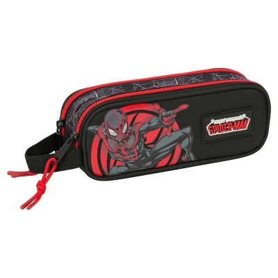 Estojo escolar preto com impressão de Spider-Man e fechos vermelhos.