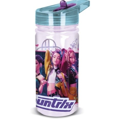 Garrafa plástica com tampa azul e personagens femininas coloridas