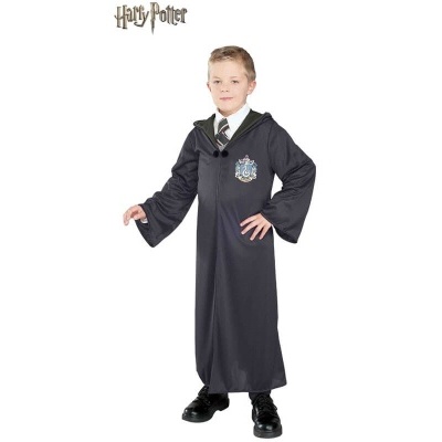 Traje infantil de Harry Potter com túnica preta e gravata às riscas.