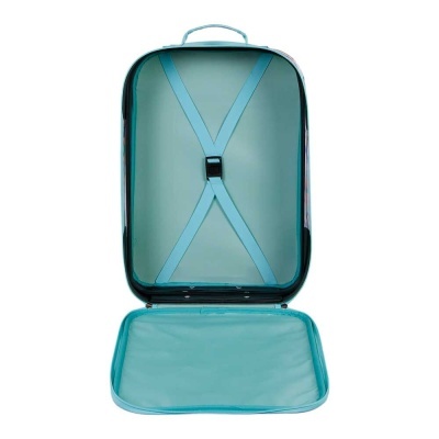 Mala de viagem azul aberto de lado