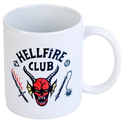 Caneca branca com ilustração e texto HELLFIRE CLUB