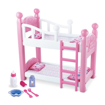 Cama beliche de brinquedo para bonecas rosa e branco com acessórios