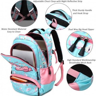 Mochila azul e rosa com padrão de flamingos e várias características em detalhe.