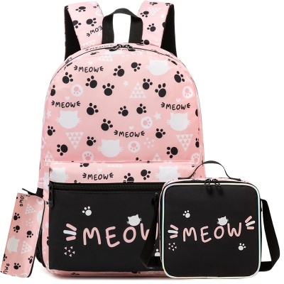 Mochila, bolsa e estojo com padrão de gatos e a palavra MEOW