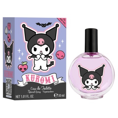 Perfume Kuromi em frasco redondo transparente com líquido cor-de-rosa e caixa roxa decorada com personagem Kuromi