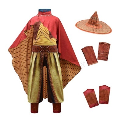 Fato tradicional colorido com capa, calças largas, chapéu de palha e acessórios.