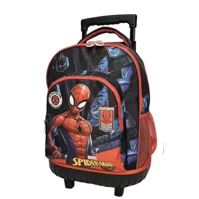mochila de rodas infantil Homem-Aranha preta e vermelha com bolso e alça retrátil