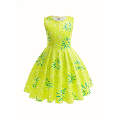 Vestido verde-limão com padrão geométrico e flores azuis para criança