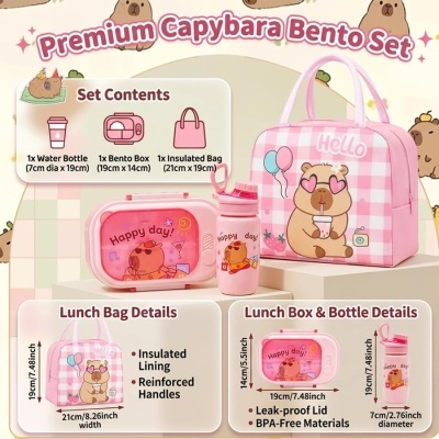 Conjunto Bento Premium Capybara com bolsa isolada, caixa de bento e garrafa de água rosa