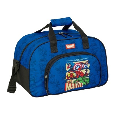 Mala de viagem azul com estampa dos personagens Marvel