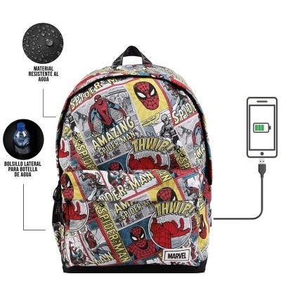 Mochila com estampado do Homem-Aranha e bolso lateral para garrafa.