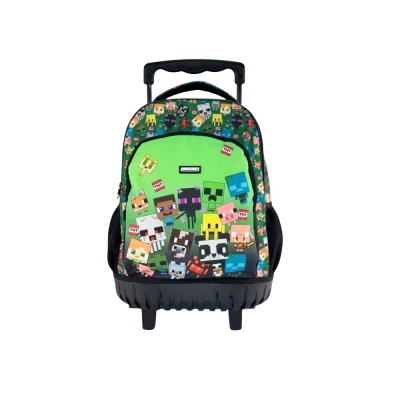 Mochila verde com personagens pixelizados coloridos e puxador preto