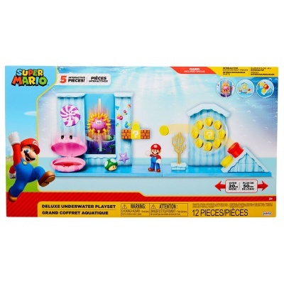 Conjunto de jogo Super Mario Deluxe Underwater Playset com figuras e elementos subaquáticos coloridos na embalagem
