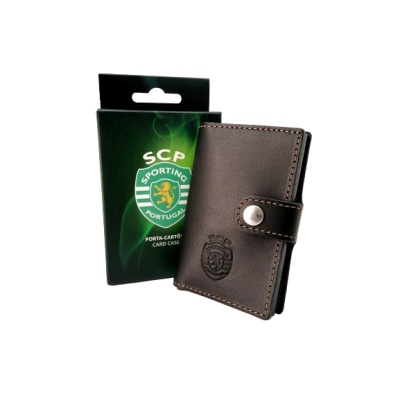Carteira porta-cartões castanha com fecho e embalagem Sporting Clube de Portugal