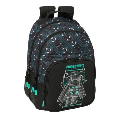 Mochila preta com padrão digital e personagem Minecraft gráfico