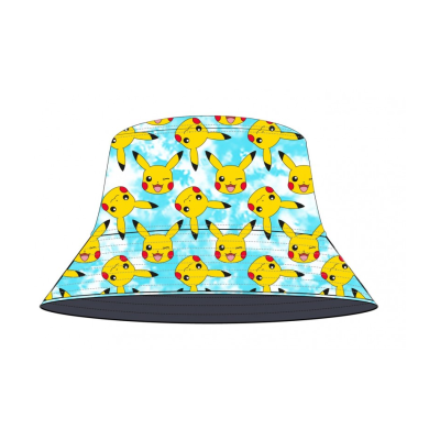 Chapéu tipo balde azul com padrão de caras amarelas e orelhas pontudas