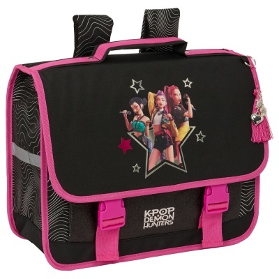 Mochila escolar preta com bordas cor-de-rosa e estampa de personagens femininas