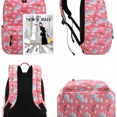 Mochila infantil rosa com unicórnios e arco-íris vista de frente, lado, trás e deitada.