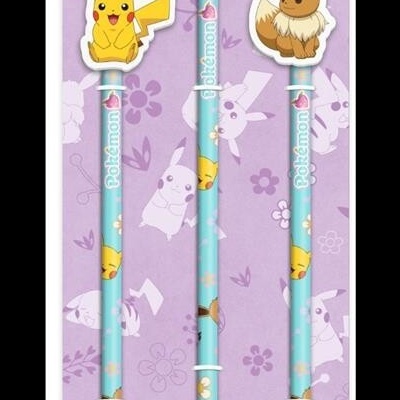 Set de 3 lápis azuis Pokemon com borrachas 3D de Pikachu e Eevee em embalagem lilás