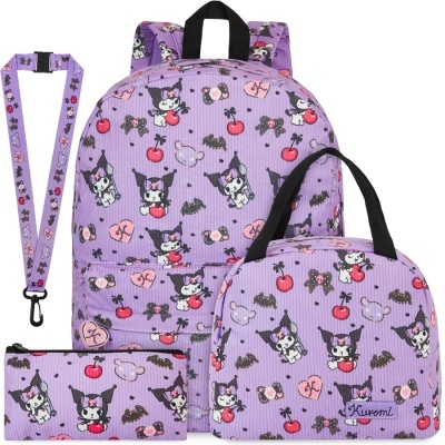 Mochila e acessórios roxos com padrão Kuromi e cerejas