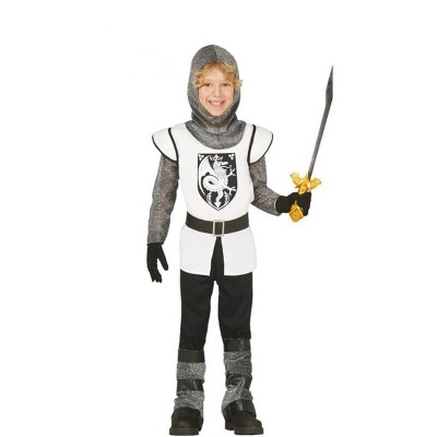 Fato de cavaleiro infantil branco e cinza com espada de brinquedo