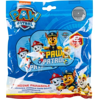 Embalagem azul com protetores de sol para carro Paw Patrol com personagens da série e textos em várias línguas.