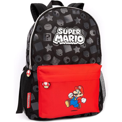 Mochila preta e vermelha Super Mario com padrões temáticos e bolso frontal vermelho com imagem do Mario.