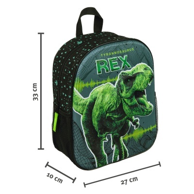 Mochila infantil preta com desenho de dinossauro Tyrannosaurus Rex verde