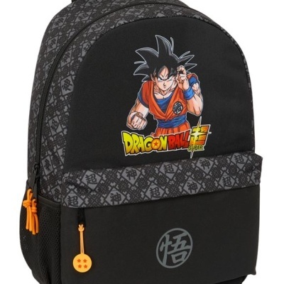 Mochila preta com personagem Dragon Ball Super e padrões cinza