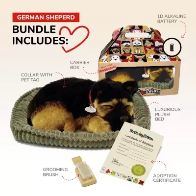 Conjunto para cachorro Pastor Alemão com cama cinza, cão de pelúcia, coleira, escova, certificado e caixa transportadora decorada