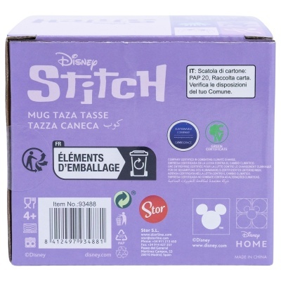 Embalagem roxa de cartão para caneca Disney Stitch com textos e símbolos
