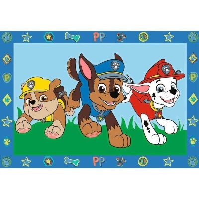 Tapete infantil com personagens de cães animados coloridos com uniformes.
