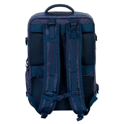 Mochila azul escura vista de trás com alças acolchoadas e detalhes em tecido respirável