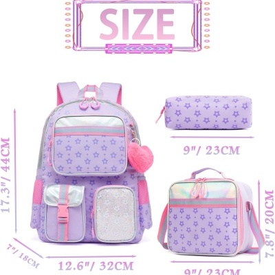 Conjunto lilás com padrão de estrelas e detalhes cor de rosa com medidas indicadas.