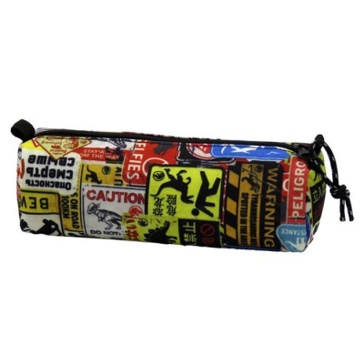 Estojo escolar retangular colorido com estampados de sinais de aviso