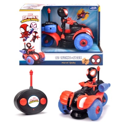 Carrinho RC Spidey Amazing Friends vermelho, azul e preto com comando remoto