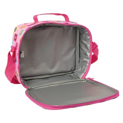 Mala térmica infantil rosa com padrão colorido e interior cinzento
